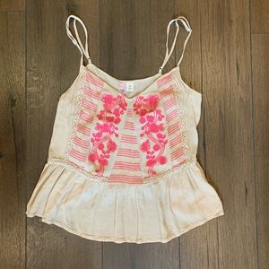 Francesca’s Alya Boho Tan & Pink Ruffle Crop Top